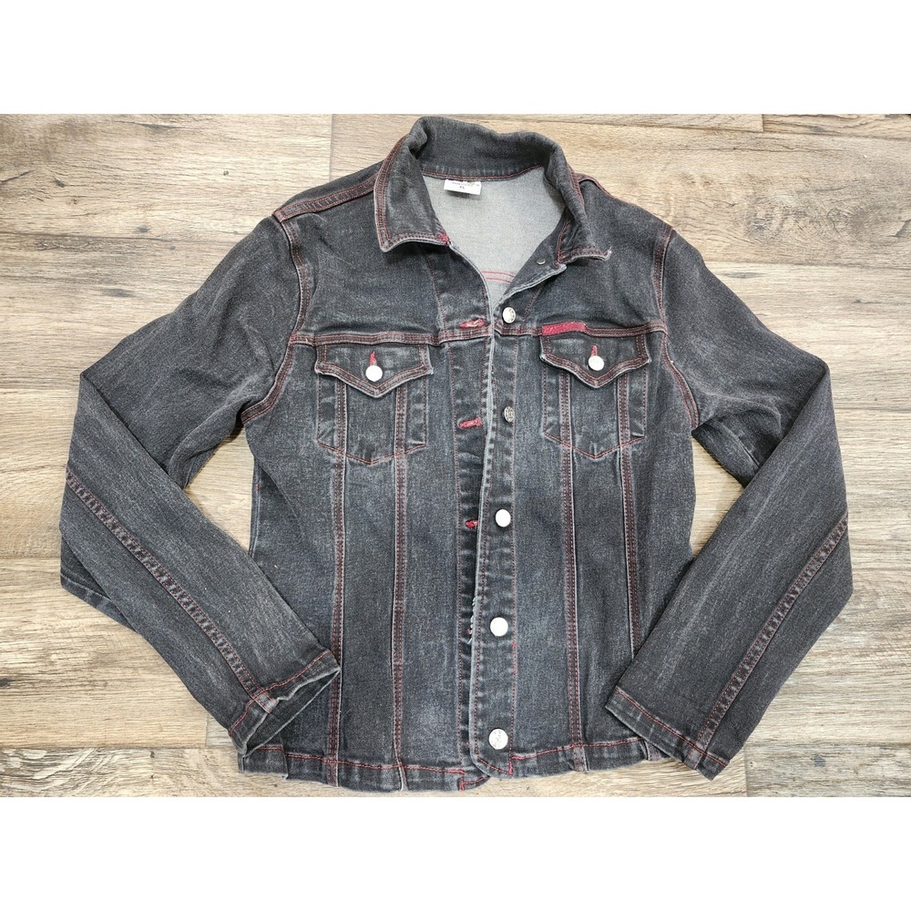 Vintage Jean Denim Jacket Women's Black Red stitch Made in USA Extra Large XL